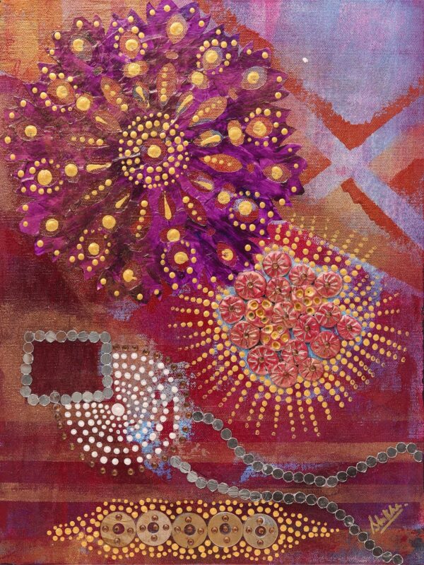 Multicolored Mixed Media Abstract Painting from India, 'Floral Beauty'
