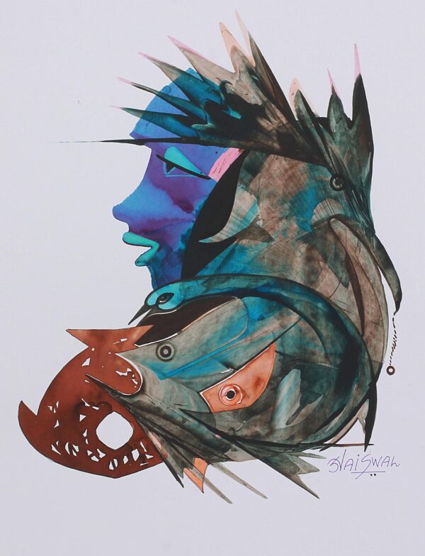 Multicolored Signed Cubist Painting from India, 'Union' Multicolored Signed Cubist Painting from India, 'Union'