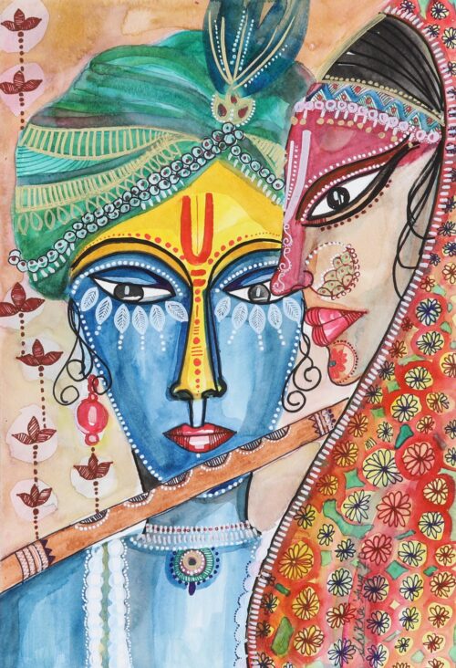 Music-Themed Watercolor Painting on Handmade Paper, 'Musical Krishna'