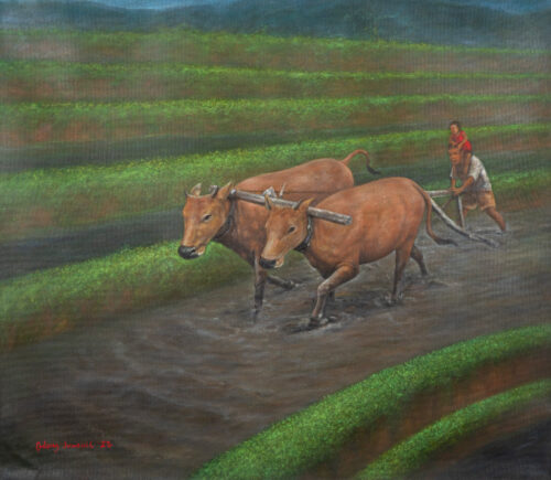 Nature-Inspired Impressionist Acrylic Rice Field Painting, 'Plowing Rice Field'