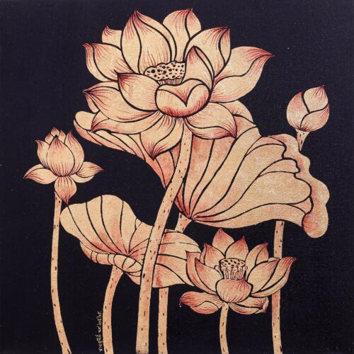 Nature Study Painting of Gilded Thai Lotus Blossoms, 'Peaceful Lotus II' Nature Study Painting of Gilded Thai Lotus Blossoms, 'Peaceful Lotus II'