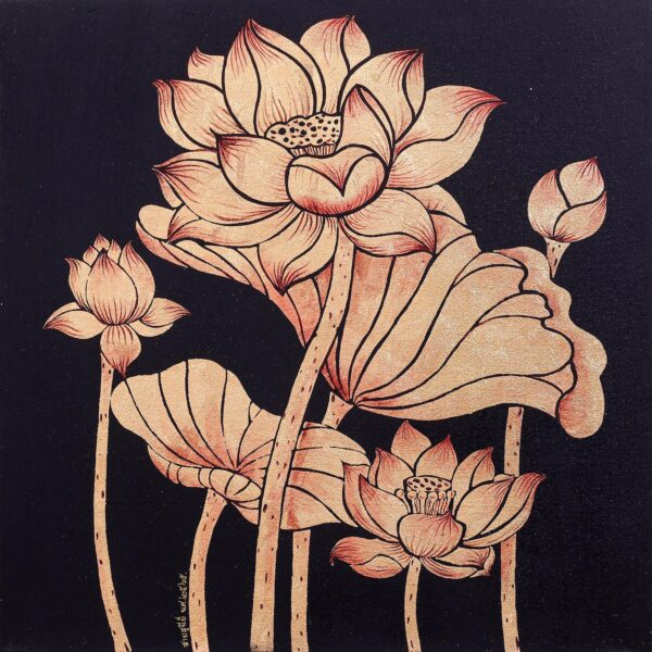 Nature Study Painting of Gilded Thai Lotus Blossoms, 'Peaceful Lotus II' Nature Study Painting of Gilded Thai Lotus Blossoms, 'Peaceful Lotus II'