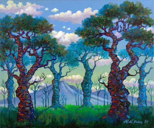 Nature-Themed Impressionist Javanese Forest Acrylic Painting, 'Mount Agung Slope'