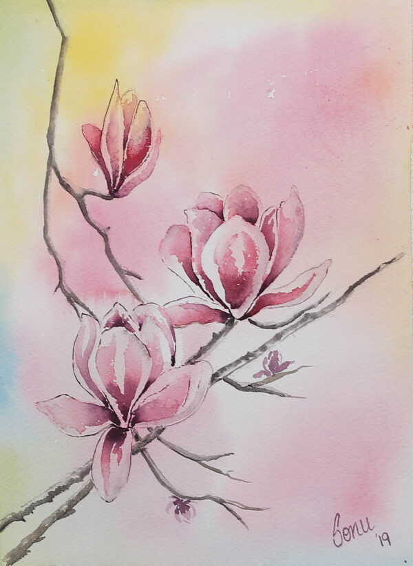 Nature-Themed Pink Impressionist Watercolor Painting, 'Cherry Blossoms'