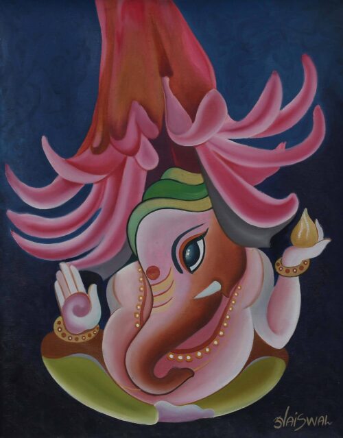 Oil Expressionist Painting of Vinayak from India, 'Benevolent Vinayak' Oil Expressionist Painting of Vinayak from India, 'Benevolent Vinayak'