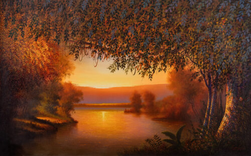 Oil Landscape Painting of the Peruvian Jungle at Dusk, 'Aesthetic Window of the Jungle'