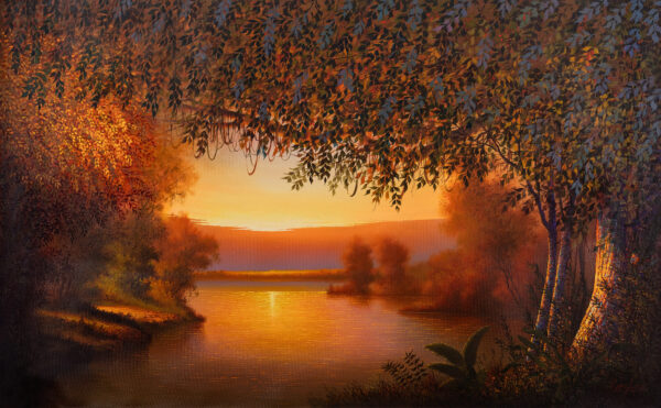 Oil Landscape Painting of the Peruvian Jungle at Dusk, 'Aesthetic Window of the Jungle' Oil Landscape Painting of the Peruvian Jungle at Dusk, 'Aesthetic Window of the Jungle'