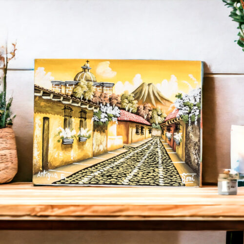 Oil Painting of Street in Antigua Guatemala in Yellow Shades, 'Sunset in Antigua Guatemala' Oil Painting of Street in Antigua Guatemala in Yellow Shades, 'Sunset in Antigua Guatemala'