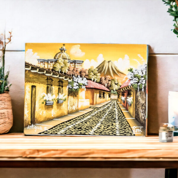 Oil Painting of Street in Antigua Guatemala in Yellow Shades, 'Sunset in Antigua Guatemala'