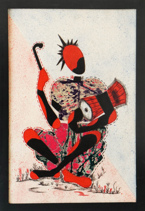 Oils & Batik on Calico Abstract Painting of Ghanaian Drummer, 'Dondo Player'