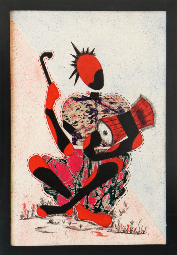 Oils & Batik on Calico Abstract Painting of Ghanaian Drummer, 'Dondo Player'
