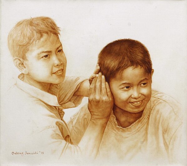 Original Oil Portrait of Two Mischievous Boys from Bali, 'Filter'