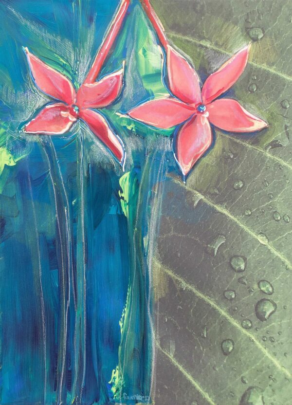 Original Signed Costa Rican Fine Art Flame Flower Painting, 'Flower in Leaf'