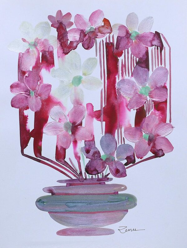 Original Signed Expressionist Still Life with Pink Flowers, 'Flower Chase'