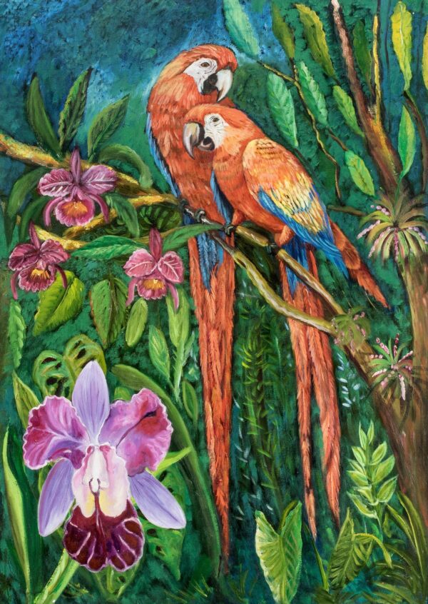 Original Signed Painting of Scarlet Macaws in Costa Rica, 'Macaws in the Forest' Original Signed Painting of Scarlet Macaws in Costa Rica, 'Macaws in the Forest'