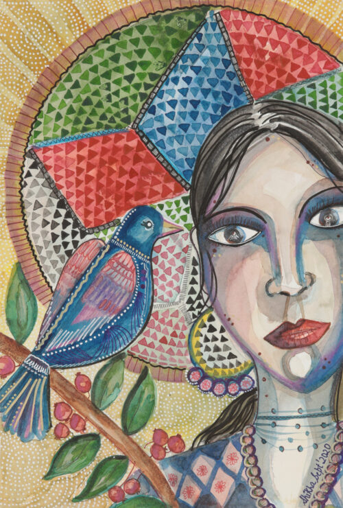 Original Watercolor Portrait with Bird, 'Blue Bird of Happiness'