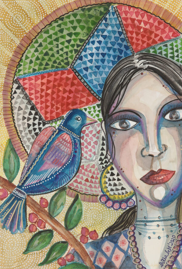 Original Watercolor Portrait with Bird, 'Blue Bird of Happiness'