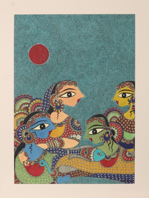 Painting of Hindu Godess Radha in Madhubani Style from India, 'Radha with Gopies' Painting of Hindu Godess Radha in Madhubani Style from India, 'Radha with Gopies'