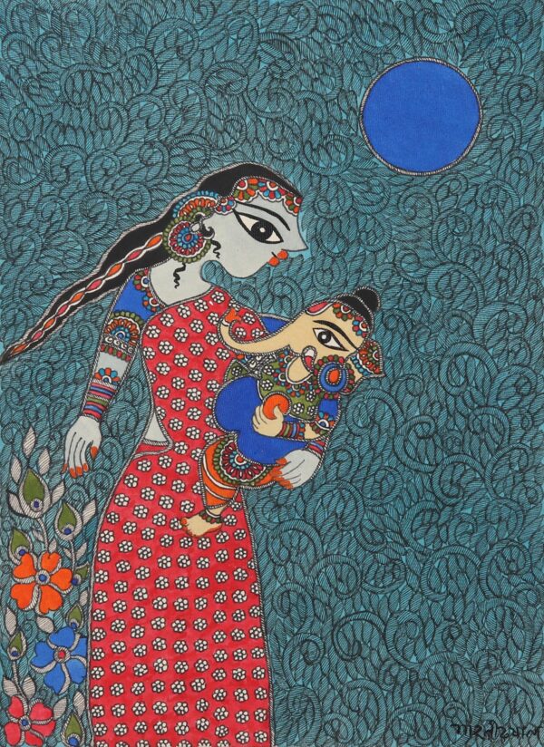 Parvati & Ganesha Madhubani Painting on Paper from India, 'Parvati & Ganesha - Motherhood' Parvati & Ganesha Madhubani Painting on Paper from India, 'Parvati & Ganesha - Motherhood'