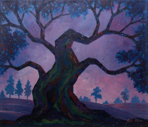 Purple and Blue Acrylic Tree Painting, 'Valor Old Tree'
