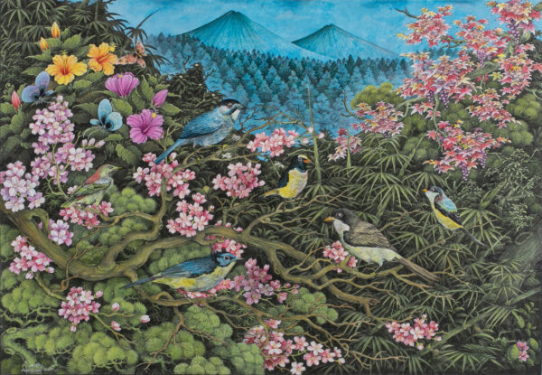 Realist Acrylic on Paper Landscape Painting from Indonesia, 'Batur of the Jungle' Realist Acrylic on Paper Landscape Painting from Indonesia, 'Batur of the Jungle'