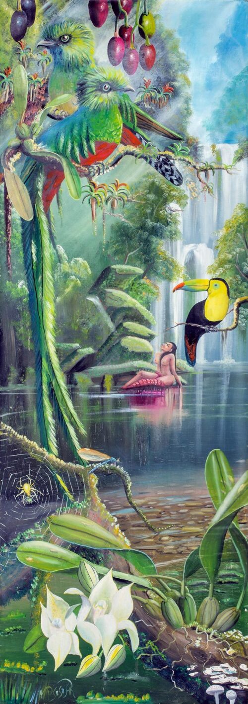 Realistic Guatemalan Oil Painting of Nude in Nature, 'Swimmer'