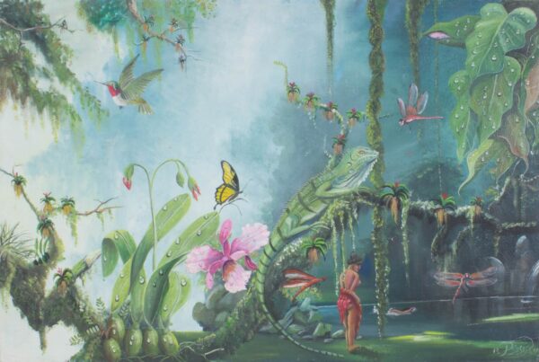 Realistic Signed Guatemalan Tropical Landscape Oil Painting, 'Iguana'