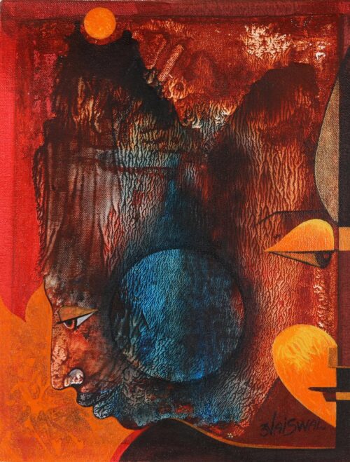 Red Abstract Acrylic Painting on Canvas, 'Lanka Dahan'