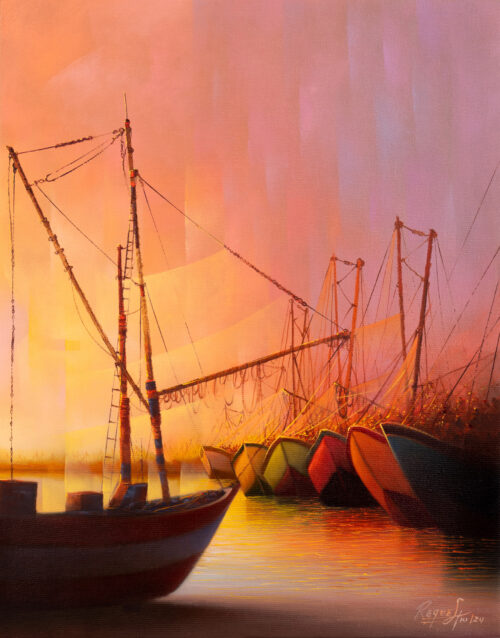 Seascape Oil Painting of Traditional Peruvian Fishing Boats, 'The Art of Fishing'