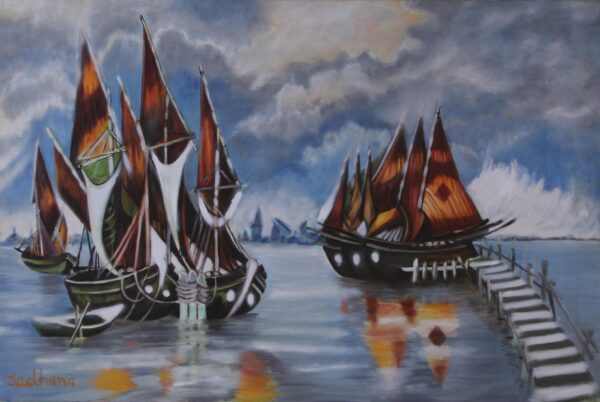 Ships in Water Oil on Canvas Painting from India, 'Blissful Voyage'