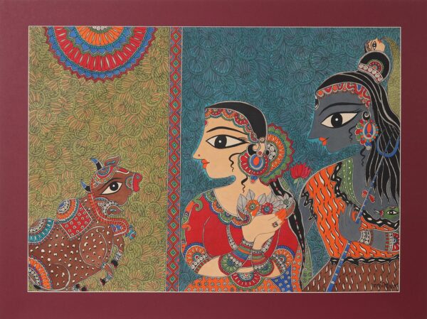 Shiva & Shakti Madhubani Painting on Paper from India, 'Shivashakti' Shiva & Shakti Madhubani Painting on Paper from India, 'Shivashakti'