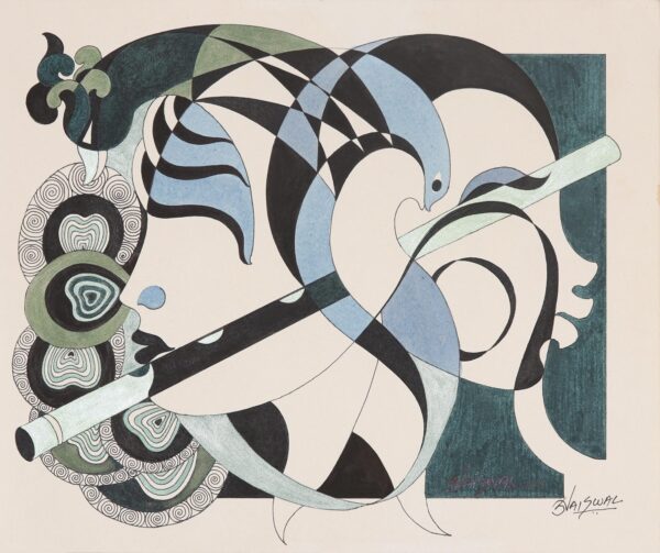 Signed Cubist Painting in Blue from India, 'Harmony' Signed Cubist Painting in Blue from India, 'Harmony'