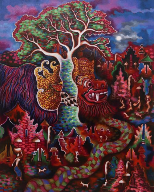 Signed Expressionist Landscape Painting from Bali, 'Full Moon in March 2019'