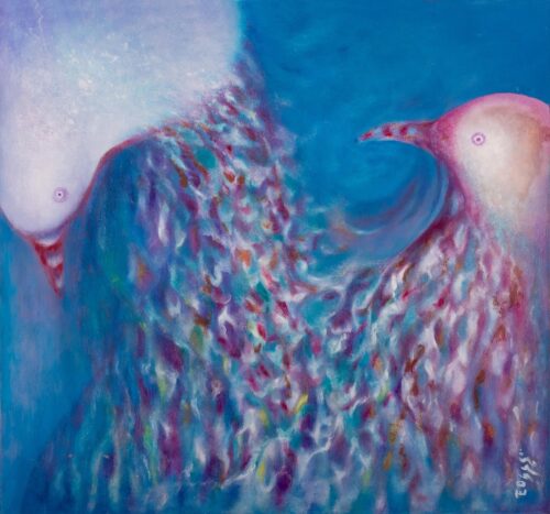 Signed Expressionist Painting of Pigeons and Blue Sea, 'Explorers of the Ocean'