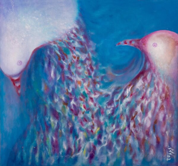 Signed Expressionist Painting of Pigeons and Blue Sea, 'Explorers of the Ocean'