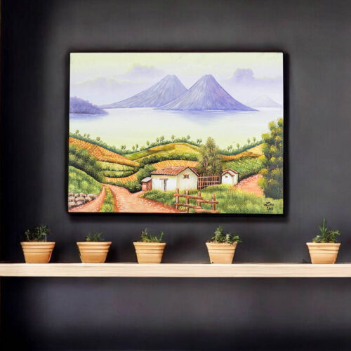 Signed Folk Art Painting of Lake Atitlán from Guatemala, 'Lake Atitlán'