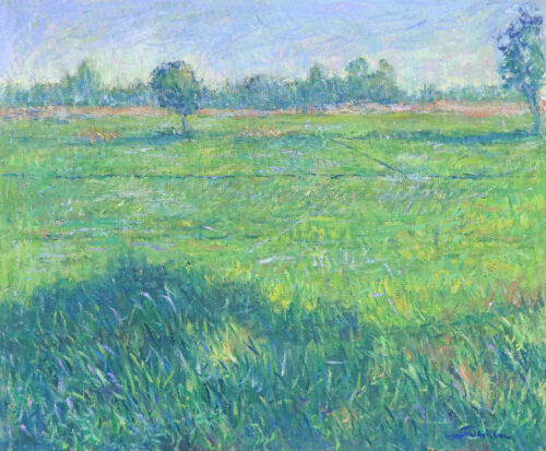 Signed Impressionist Green Rice Field Oil on Canvas Painting, 'Rain-Kissed Rice Fields'