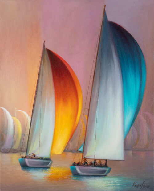 Signed Impressionist Oil on Canvas Seascape Painting, 'Yacht Racing'