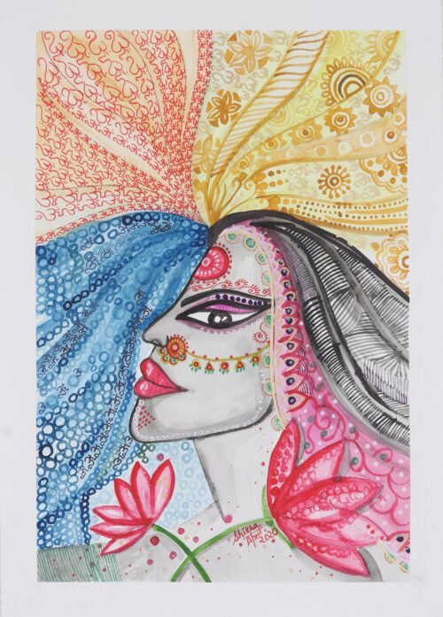Signed Indian Watercolor Portrait on Handmade Paper, 'Charismatic Beauty'