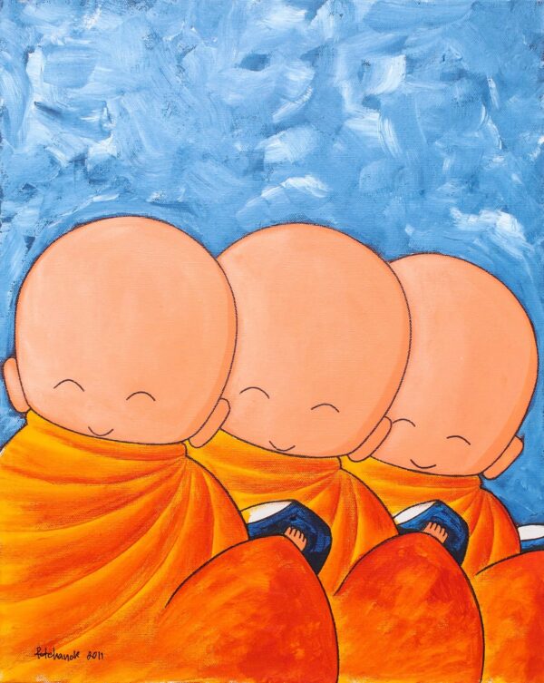 Signed Naif Painting of Three Children as Thai Monks, 'Thailand Offering III'
