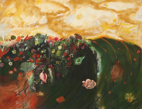 Signed Ocean-Themed Surrealist Painting from India, 'One With Nature'