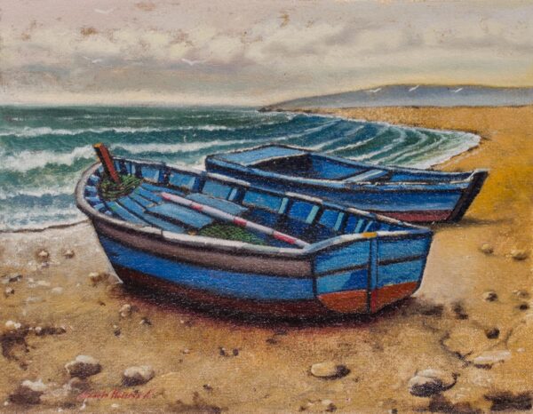 Signed Realist Painting of Two Blue Boats from Peru, 'Sweet Blue Sea'