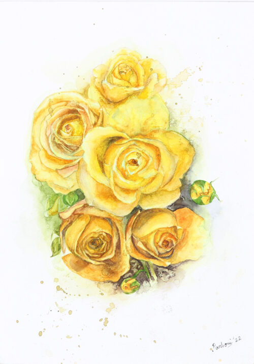 Signed Stretched Watercolor Painting of Yellow Bouquet, 'Bunch of Roses'