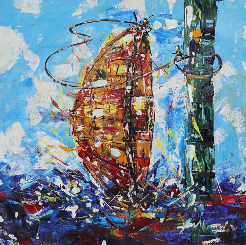 Signed Unstretched Expressionist Acrylic Painting, 'The Hat of Santiago' Signed Unstretched Expressionist Acrylic Painting, 'The Hat of Santiago'