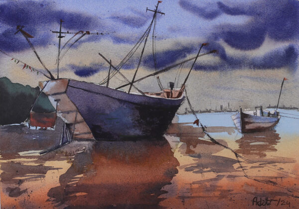 Signed Watercolor Seascape Painting in Impressionist Style, 'Harbor of Stillness'