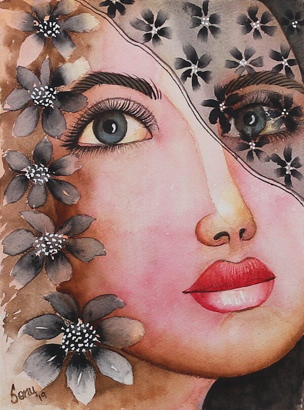 Signed Watercolor Woman Portrait Painting with Black Blooms, 'Longing II'