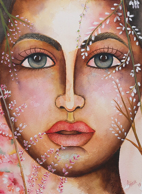 Signed Watercolor Woman Portrait Painting with White Blooms, 'Longing III'