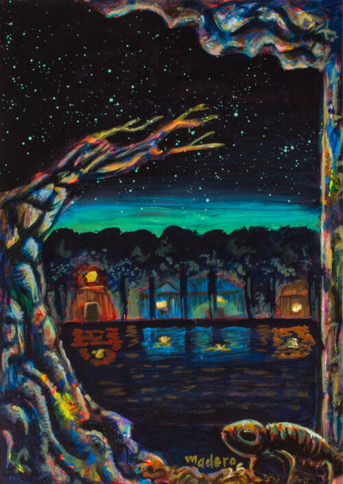 Stretched Giclée Acrylic on Paper Print of Nocturnal Scene, 'Nocturnal Animal'