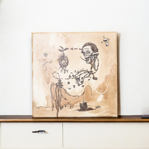 Stretched Ink and Coffee Wash Painting of Surrealist Scene, 'Memory Breakage' Stretched Ink and Coffee Wash Painting of Surrealist Scene, 'Memory Breakage'