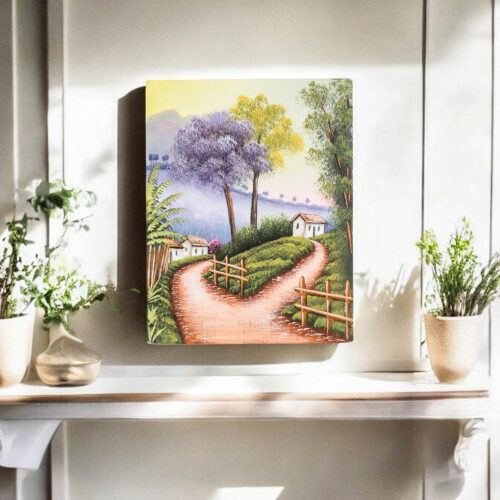 Stretched Oil Impressionist Painting of House and Nature, 'Community'